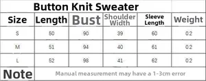 Detailed size chart for the slim fit button knitwear including bust and length data