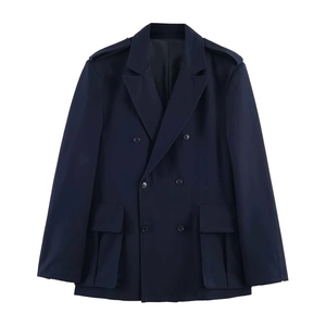 Women Navy Blue Double Breasted Blazer Jacket With Shoulder Epaulettes Notch Lapel Mid Length Casual Commuter Outerwear
