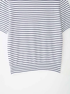 Close-up detail of soft striped knit texture on summer short sleeve top in navy and white