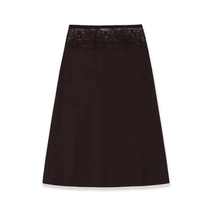 Detailed view of elegant black satin midi skirt featuring exquisite floral lace waistband