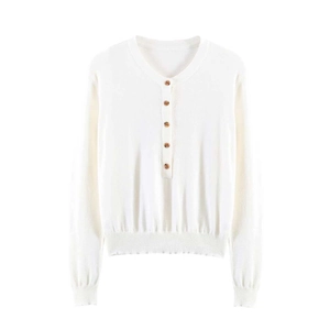 Slim fit white knit long sleeve top with decorative brown buttons and ribbed cuffs