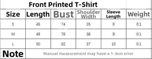 Size chart for minimalist short sleeve letter print T-shirt with S M L measurements