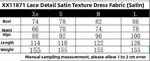 Guide des tailles détaillé pour robe en satin et dentelle avec mesures en centimètres
