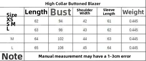 Detailed size chart for women's blazer suit including length, chest, shoulder and sleeve data