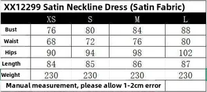 Size chart for the satin halter backless mini dress with detailed measurements in centimeters