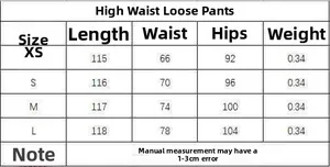 Detailed size chart for high waist wide leg trousers covering XS to L measurements