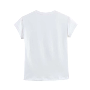 Minimalist white short sleeve crew neck T-shirt for women shown from the back view