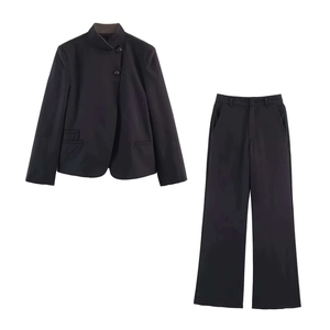 Women Casual Solid Black Blazer And Wide Leg Pants Top And Trousers Office Commute Long Sleeve Suit Elegant Daily Co-ord