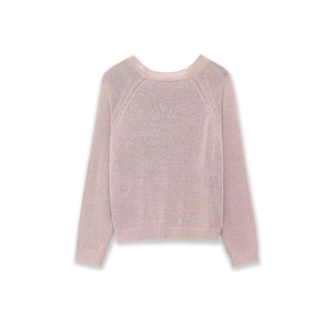 Classic round neck long sleeve knit sweater in light pink with button shoulder detail