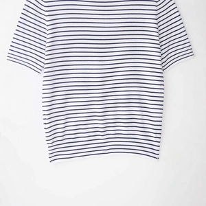 Classic navy and white striped short sleeve knit top in a loose minimalist casual style