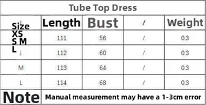 Detailed size chart for the strapless slit dress including measurements from XS to L