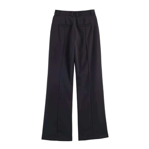 Rear view of black straight-leg trousers with classic welt pockets and sharp creases