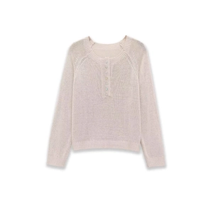 Women's chic beige knit sweater with colorful buttons and ribbed cuffs on white background