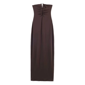 Elegant Dark Brown Ruched Strapless Maxi Dress For Women Satin Look Polyester High Waist Slit Evening Party Banquet Dress