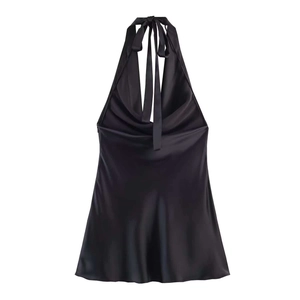 Elegant black satin halter neck top with glossy finish and draped pleats on white background