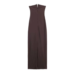 Elegant strapless brown slim-fit maxi dress with a stylish back slit and zipper