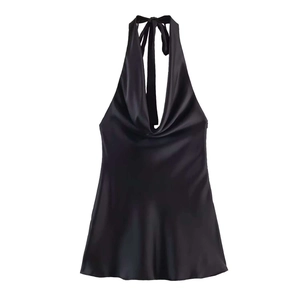 Elegant black satin halter mini dress featuring a cowl neck and open back design