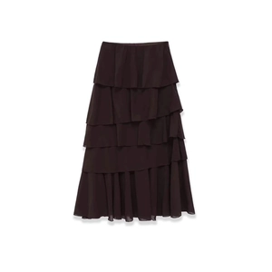 Women Elegant Coffee Brown Tiered Layered Ruffle Midi Skirt Casual Solid Color A-Line High Waist Fashion Commuter Skirt