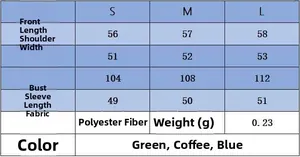 Detailed size chart for V-neck long sleeve blouse showing measurements in S, M, and L sizes