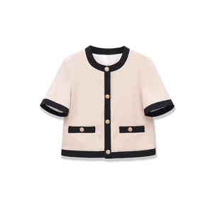 Cardigan à manches courtes de style français avec bordure contrastée et boutons dorés