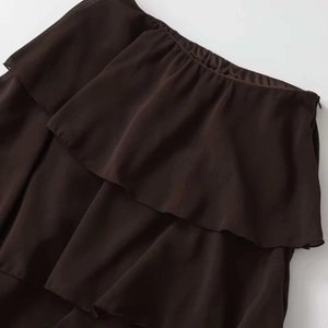 Chic dark brown multi-layered ruffle midi skirt with elastic waist and chiffon texture