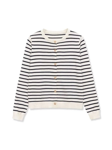 Detail of black and white striped knit cardigan with polished gold cylinder buttons