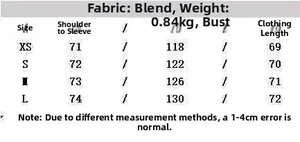 Size guide table for double-breasted trench coat with detailed fabric and measurements