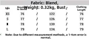 Size chart showing measurements for the loose fit lace patchwork long sleeve white shirt