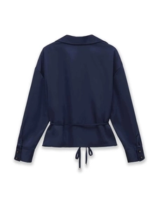 Rear view of deep navy satin blouse featuring a stylish waist tie and long sleeves