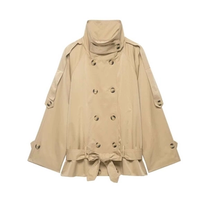 Women's Elegant Khaki Double Breasted Short Trench Coat Belted Stand Collar Long Sleeve Fashion Windbreaker Outerwear Jacket