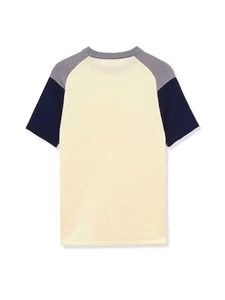 Close-up of color-block raglan short sleeve knit top in cream, grey and navy blue