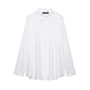 Women Elegant White Long Sleeve Shirt Lace Patchwork Loose Button Down Blouse Top Comfortable Cotton Blend Casual Shirt