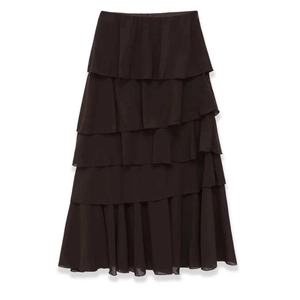 Elegant high-waisted tiered ruffle midi skirt in coffee chiffon for a stylish summer look