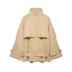 Classic khaki trench coat back view featuring wind flap and adjustable belted waist