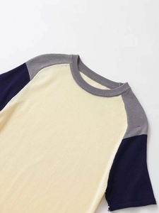 Detail of color-block knit sweater showing raglan sleeves and ribbed crew neck finish