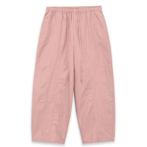 Dusty pink wide-leg ice silk trousers with elastic drawstring waist and stitching details