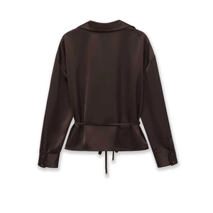 Rear view of a dark chocolate satin V-neck long-sleeve blouse with a waist tie detail