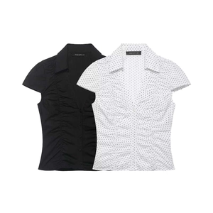 Women's Slim Fit Polka Dot Short Sleeve Shirt Elegant Ruched Lapel V Neck Button Down Blouse Commuter Summer Office Top