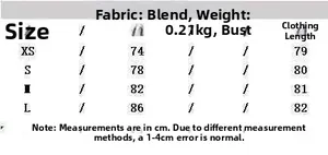 Size chart for backless satin dress showing bust and length measurements from XS to L