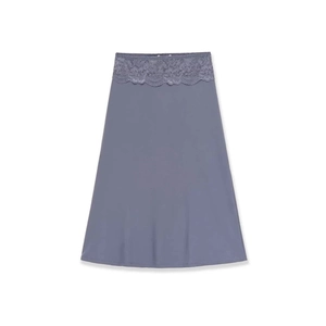 Elegant A-line satin skirt in grayish blue with wide lace waistband and floral detail