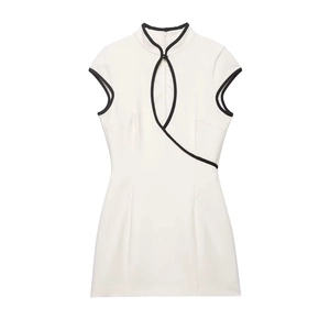 Elegant white modern Qipao dress with black contrast trim and heart-shaped neckline
