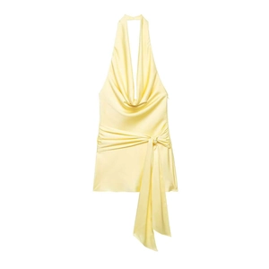 Women Sexy Satin Cowl Neck Halter Backless Dress Solid Color Slim Fit Tie Waist Mini Dress For Party Banquet Summer Yellow