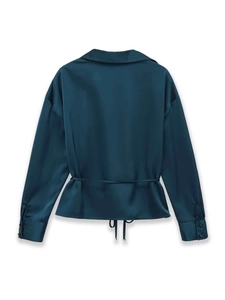 Back view of elegant dark peacock green satin shirt with drawstring waist and silk texture