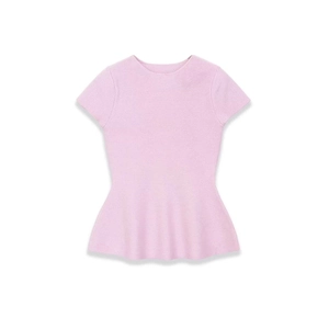 Elegante top in maglia rosa a maniche corte con scollo rotondo e orlo a peplo