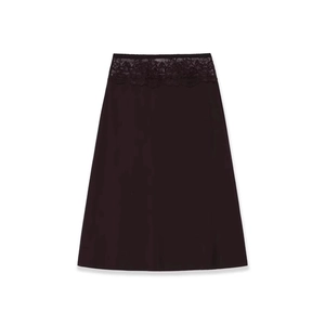 Elegant A-line skirt with lace waistband and subtle silk gloss finish in dark tone