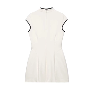 Rear view of white modern cheongsam mini dress with black piping and back zipper