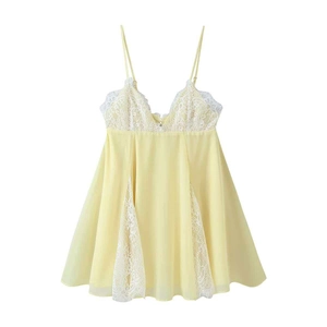 Women Sexy Lace Spliced Camisole Dress Summer Deep V Neck Sleeveless Polyester Mini Dress Yellow Backless Party Nightgown