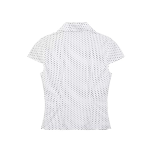 Short-sleeved white shirt with black polka dots featuring a classic lapel and slim fit