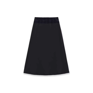 Elegant black A-line midi skirt with intricate lace waistband and silky smooth texture