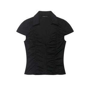 Slim fit black short sleeve V-neck blouse with ruched front detail and button down closure